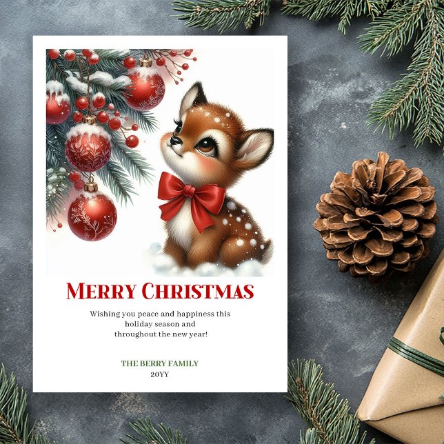Sweet baby deer winter scene snowy forest greeting holiday card (Sweet baby deer winter scene snowy forest greeting card)