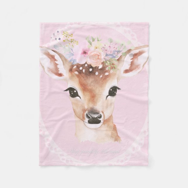 Sweet Baby Deer with Flower Crown | Pink Nursery  Fleece Blanket (Front)