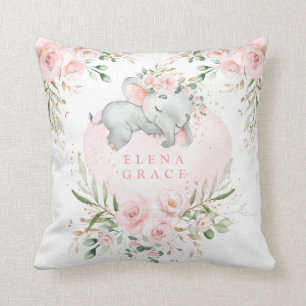 Sweet Baby Elephant Blush Pink Floral Greenery Cushion