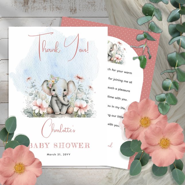 Sweet Baby Elephant Girl Floral Pink Baby Shower  Thank You Card (Creator Uploaded)