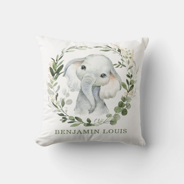 Sweet Baby Elephant Greenery Gold Leaves Nursery Cushion (Front)