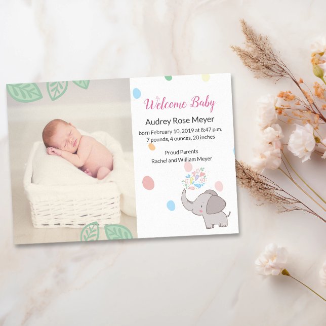 Sweet Baby Elephant & Leaves Photo Birth Invitation (Creator Uploaded)
