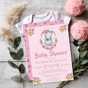 Sweet Baby Elephant Pink Boho Floral Baby Shower Invitation