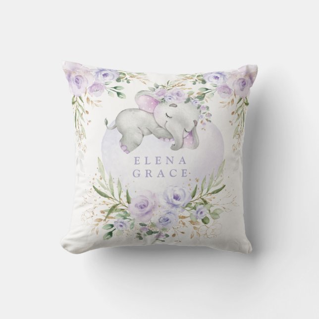 Sweet Baby Elephant Purple Floral Greenery Nursery Cushion (Front)