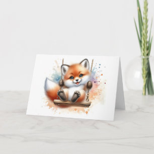 Sweet Baby Fox on a Swing Watercolor Blank  Card