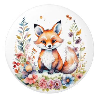 Sweet Baby Fox with Flowers Woodland Creatures Ceramic Knob