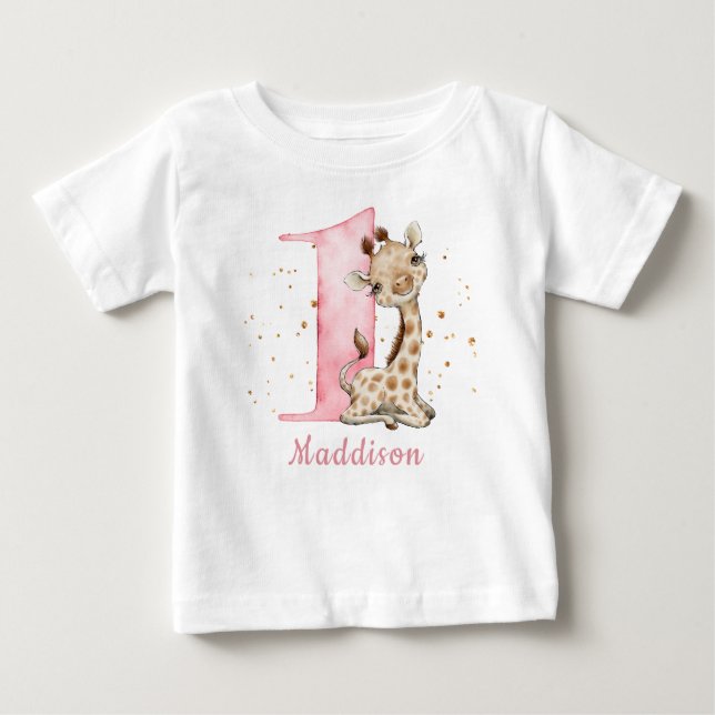 Sweet Baby Giraffe Girl First Birthday T-Shirt (Front)