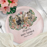 Sweet Baby Girl Animals Tropical Safari Shower Paper Plate<br><div class="desc">A collage of sweet wild safari jungle baby animals -- giraffe,  zebra,  panther,  tiger and elephant -- are nestled cosily among the tropical hibiscus and monstera greenery in this Baby Shower design.  Background is a gradient pink watercolor.    Composite design by Holiday Hearts Designs.</div>