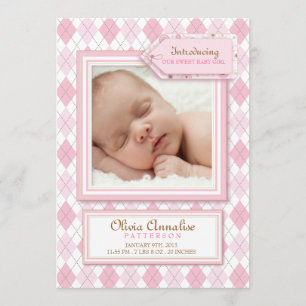 Sweet Baby Girl Argyle Photo Birth Announcement