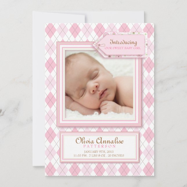 Sweet Baby Girl Argyle Photo Birth Announcement (Front)
