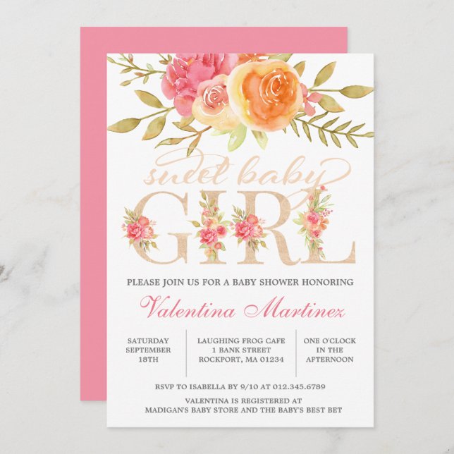 Sweet Baby Girl Autumn Pink Floral Baby Shower Invitation (Front/Back)