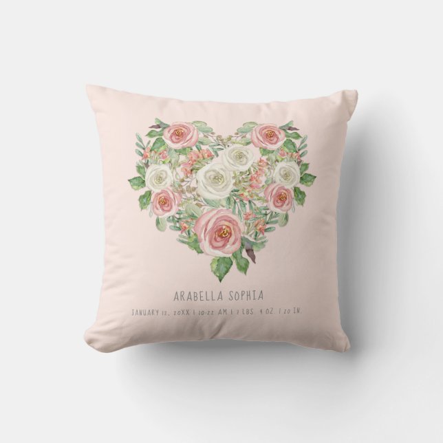 Sweet Baby Girl | Birth Stats Heart Blush Floral Cushion (Front)
