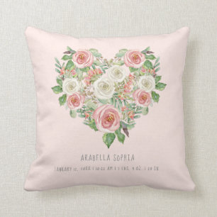 Sweet Baby Girl   Birth Stats Heart Blush Floral Cushion