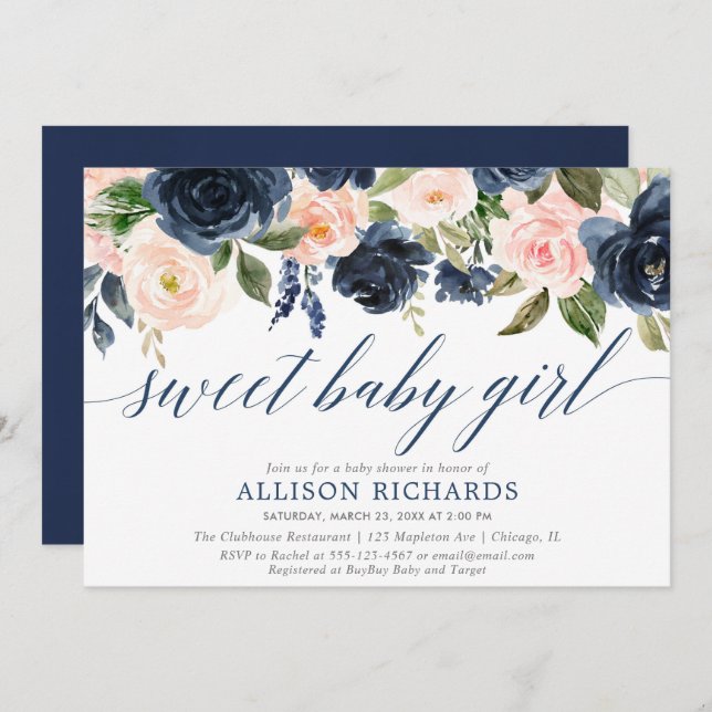 Sweet baby girl blush and navy girl baby shower invitation (Front/Back)