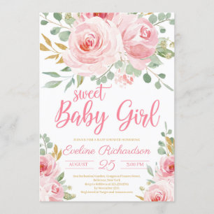 Sweet baby girl blush pink and gold baby shower invitation