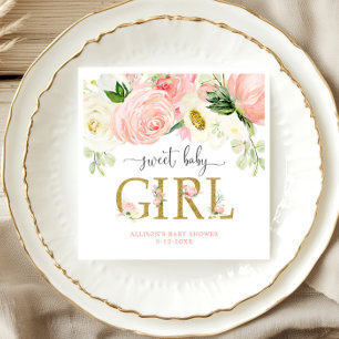 Sweet baby girl blush pink floral baby shower napkin