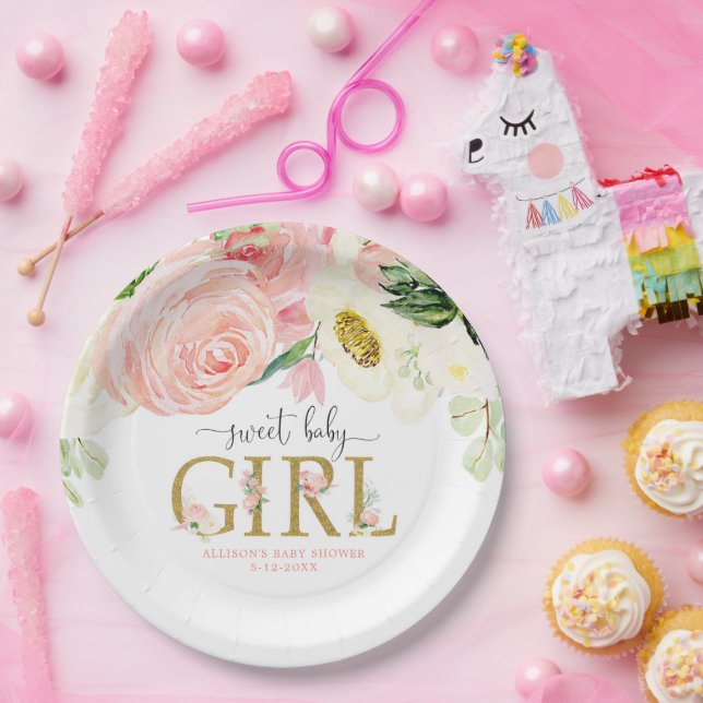 Sweet baby girl blush pink floral baby shower paper plate (Party)