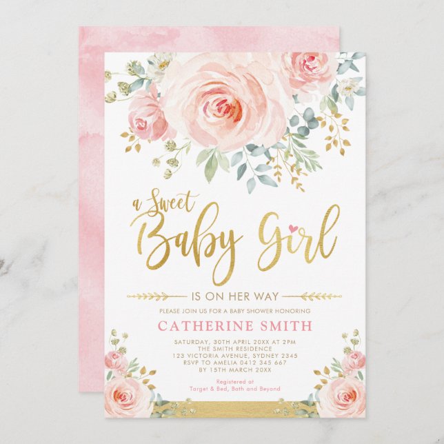 Sweet Baby Girl Blush Pink Gold Floral Baby Shower Invitation (Front/Back)