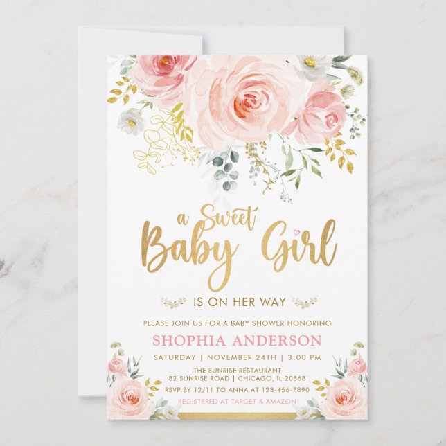 Sweet Baby Girl Blush Pink Gold Floral Baby Shower Invitation (Front)