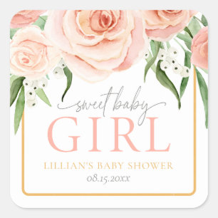Sweet Baby Girl Blush Pink Rose Floral Baby Shower Square Sticker