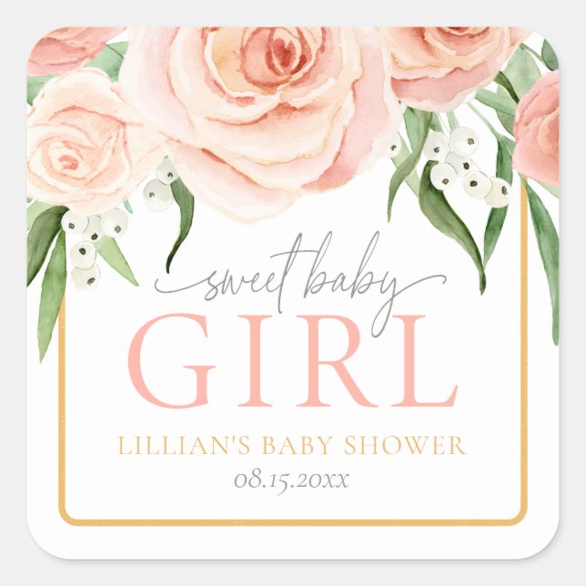 Sweet Baby Girl Blush Pink Rose Floral Baby Shower Square Sticker (Front)