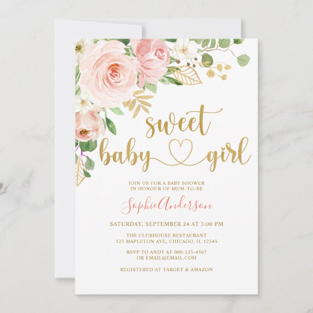 Sweet Baby Girl Blush Rose Gold Floral Baby Shower Invitation (Front)