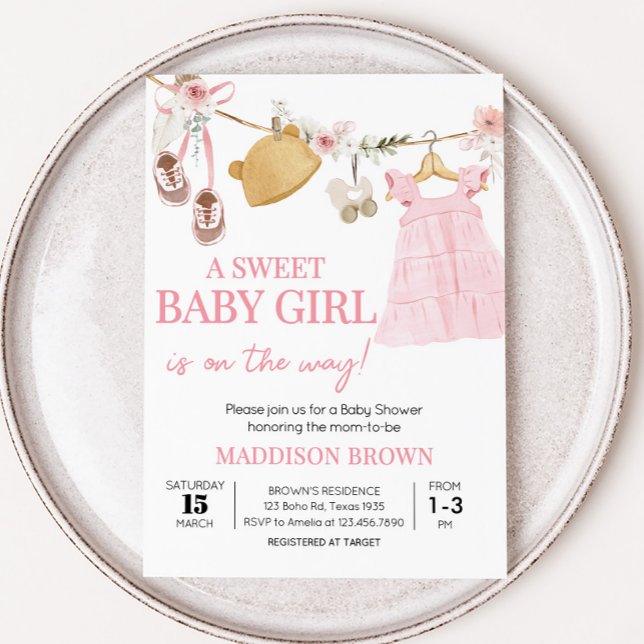 Sweet Baby Girl Boho Clothes Baby Shower Invitation (Boho Clothes Sweet Baby Girl Baby Shower Invitation)