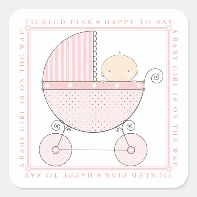 Sweet Baby Girl Carriage Baby Shower in Pink Square Sticker (Front)