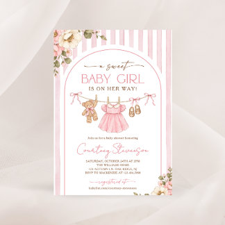 Sweet Baby Girl Clothesline Floral Baby Shower Invitation