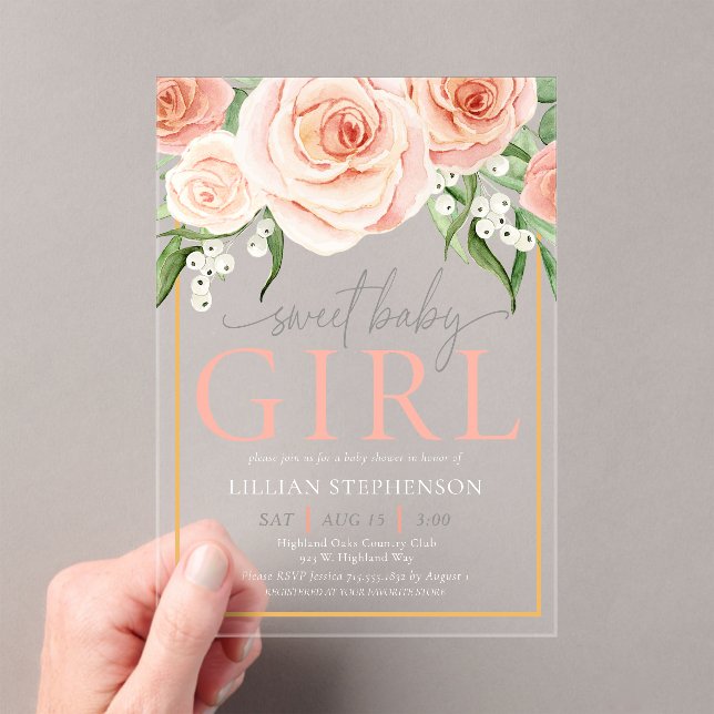 Sweet Baby Girl Elegant Blush Pink Rose Floral  Acrylic Invitations (Insitu (Handheld))