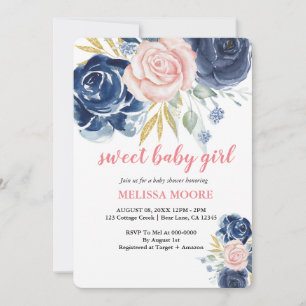 Sweet baby girl floral navy blue pink watercolor invitation