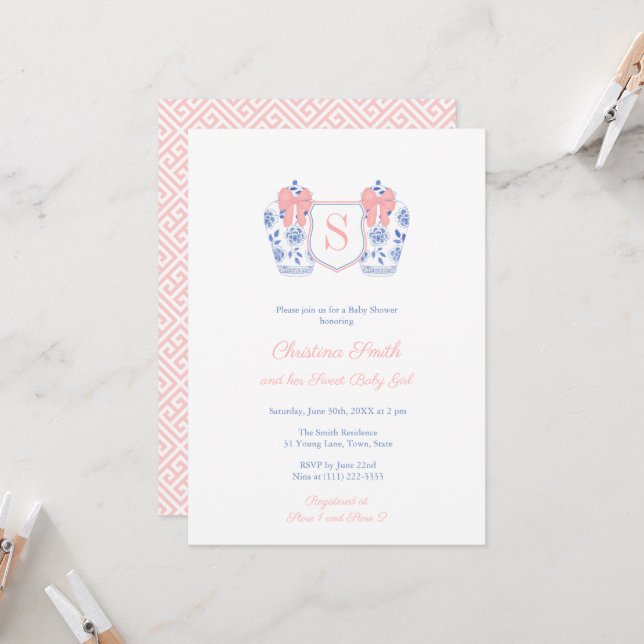 Sweet Baby Girl Monogram Ginger Jar Baby Shower Invitation (Front/Back In Situ)