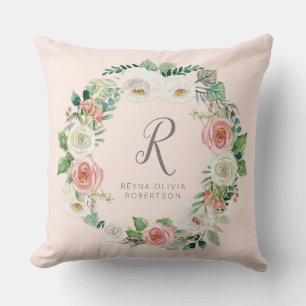 Sweet Baby Girl   Monogram Name Blush Floral Wreat Cushion