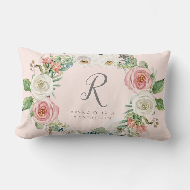 Sweet Baby Girl | Monogram Name Blush White Floral Lumbar Cushion (Front)