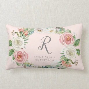 Sweet Baby Girl   Monogram Name Blush White Floral Lumbar Cushion