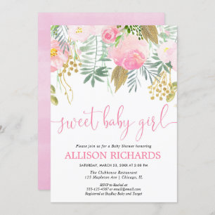 Sweet baby girl pink and gold florals baby shower invitation
