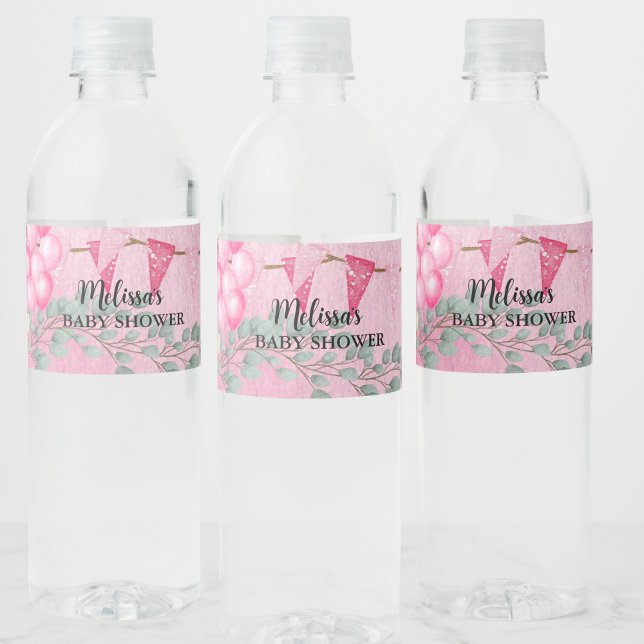 Sweet Baby Girl Pink Balloon Eucalyptus Custom Water Bottle Label (Creator Uploaded)