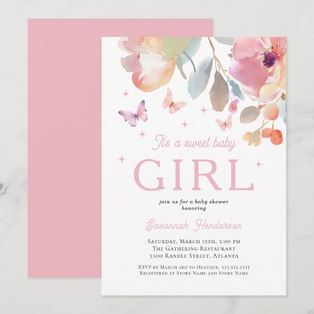 Sweet Baby Girl Pink Floral Baby Shower Invitation (Front/Back)
