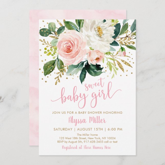 Sweet Baby Girl Pink Floral Baby Shower Invitation (Front/Back)
