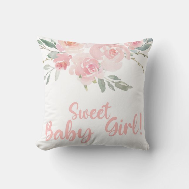 Sweet Baby Girl pink floral baby shower pillow. Cushion (Front)