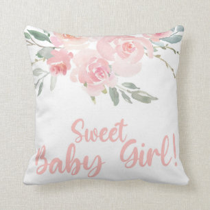 Sweet Baby Girl pink floral baby shower pillow. Cushion