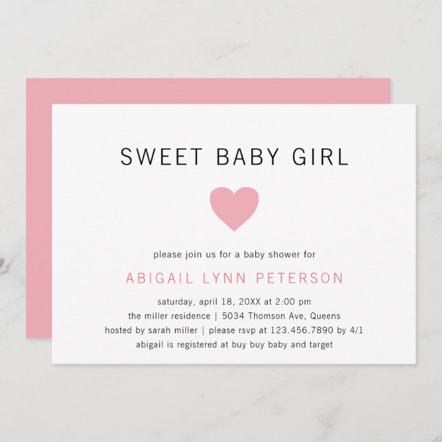 Sweet Baby Girl Pink Heart Cute Baby Shower Invitation (Front/Back)