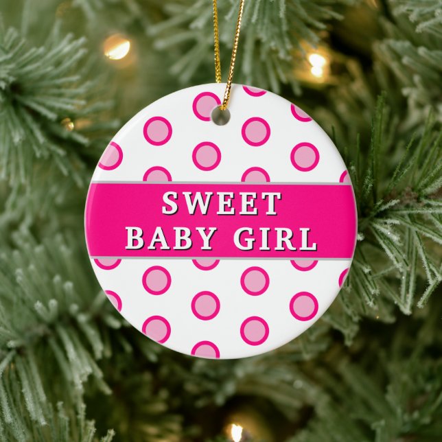 Sweet Baby Girl Pink Polka Dots Birth Stats  Ceramic Ornament (Tree)