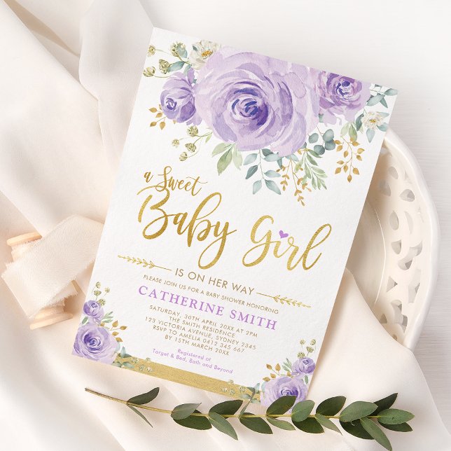 Sweet Baby Girl Purple Gold Floral Greenery Shower Invitation (Creator Uploaded)