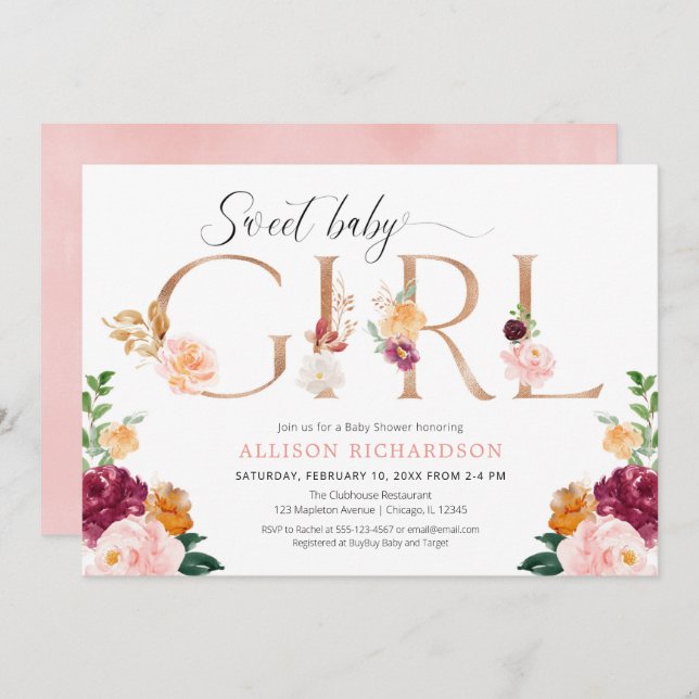 Sweet baby girl rose gold burgundy blush shower invitation (Front/Back)