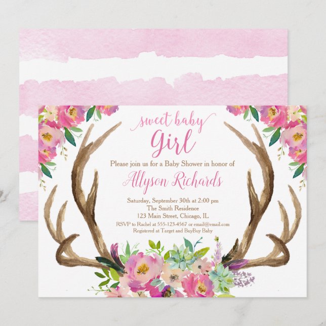 Sweet baby girl rustic boho antlers baby shower invitation (Front/Back)