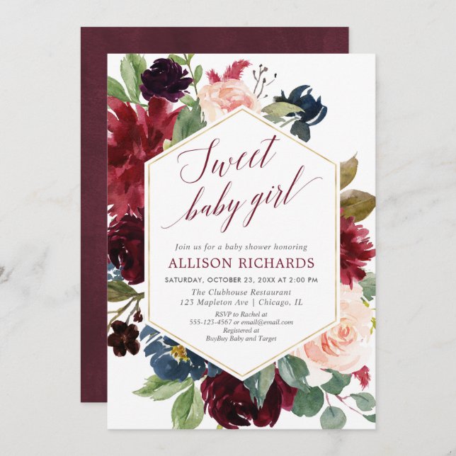 Sweet baby girl rustic floral blush burgundy invitation (Front/Back)