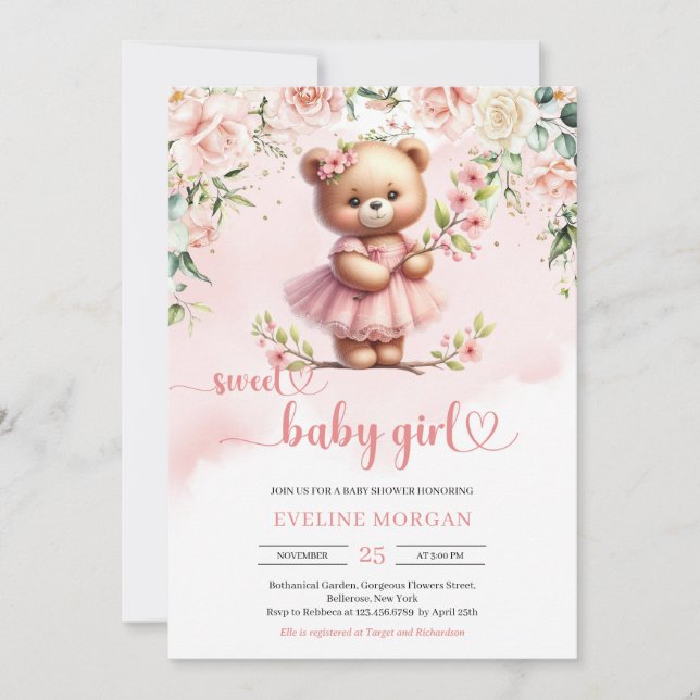 Sweet baby girl teddy bear blush spring flowers invitation (Front)