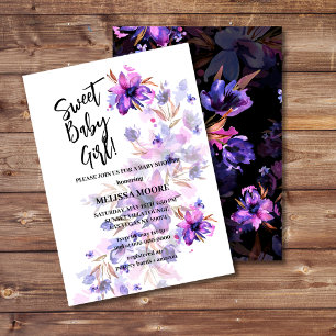 Sweet baby girl vibrant purple pink flower invitation