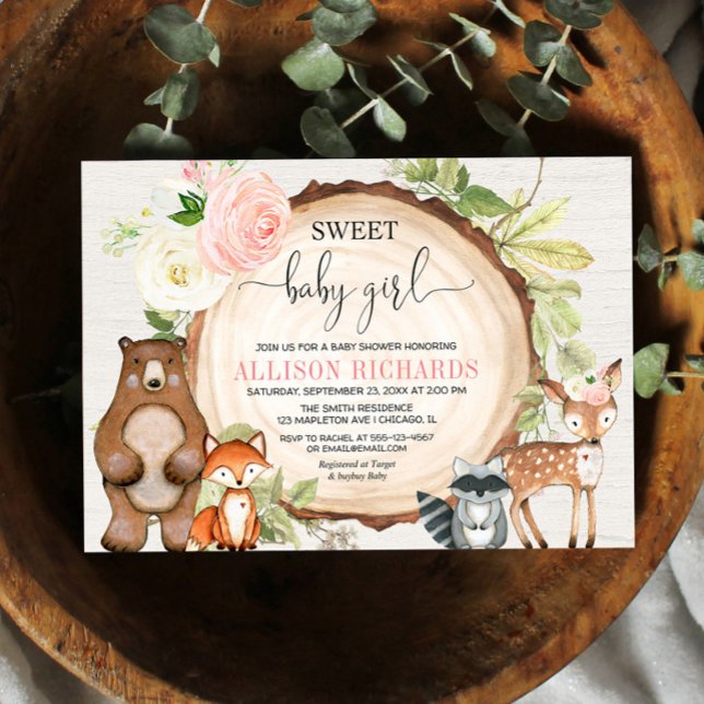 Sweet baby girl woodland cute animals baby shower invitation (Creator Uploaded)
